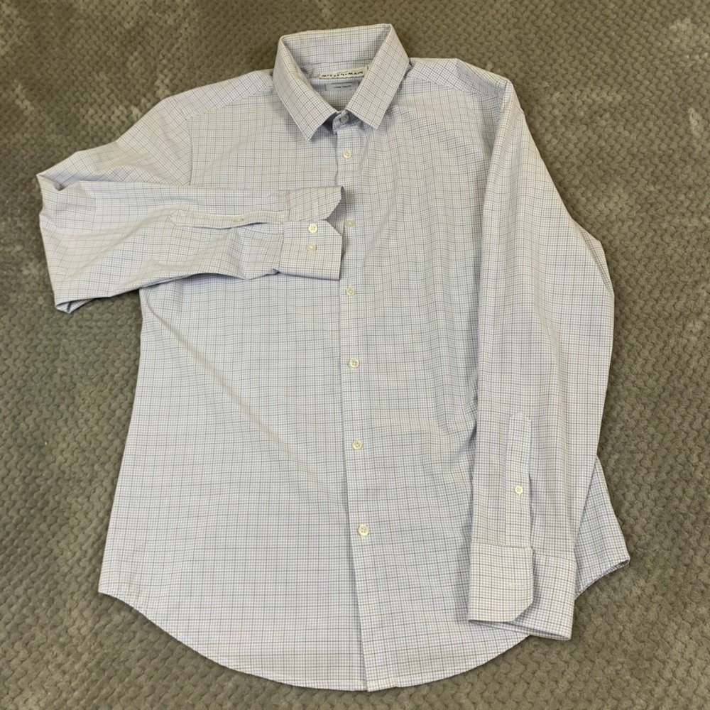 Mizzen+Main Leeward Dress Shirt Mens Large Trim Fit Blue Micro Check L-10002
